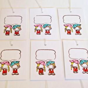Comic Bubble Boy And Girl Hand-colored Gift Tags..