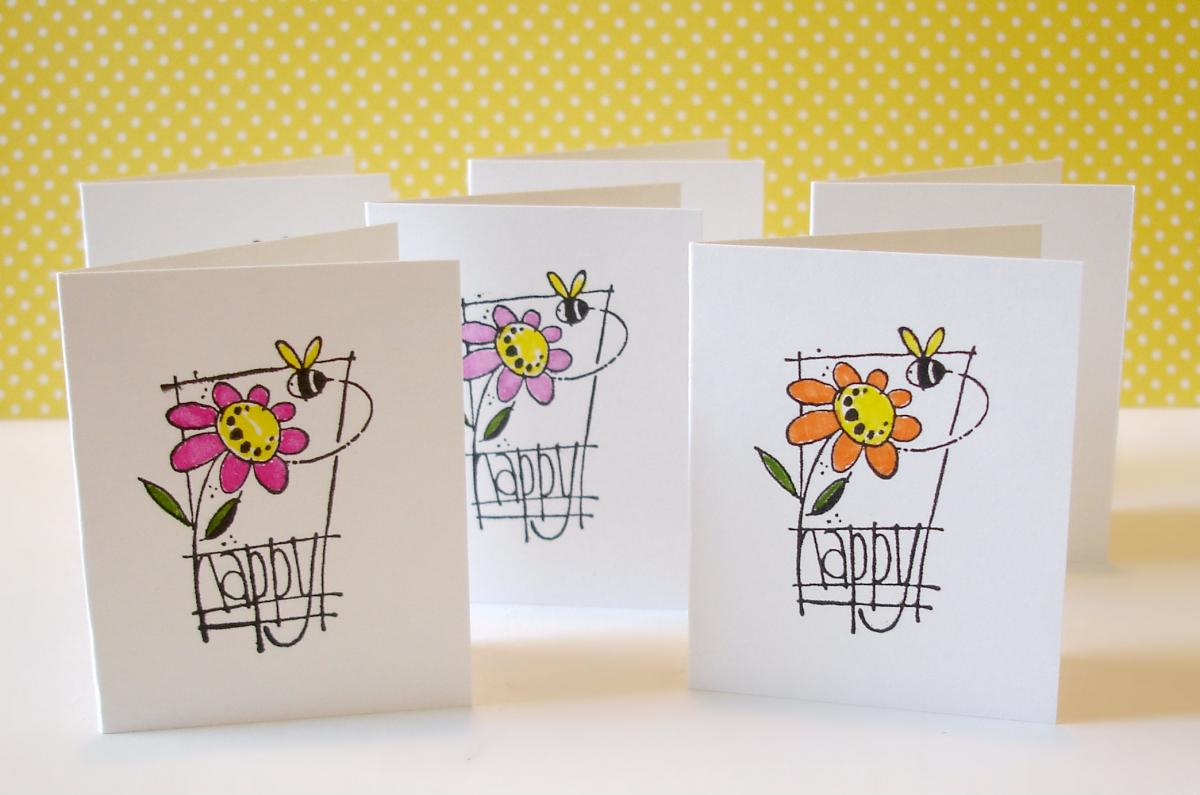 Handmade Mini Note Cards Bee Happy Set Of 8 Hand Colored Mini Cards Lunchbox Notes